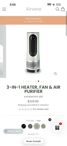 Av540aphtr-sge Airvana 3-in-1 Tower Heater Fan Air Purifier Sage Timer Remote