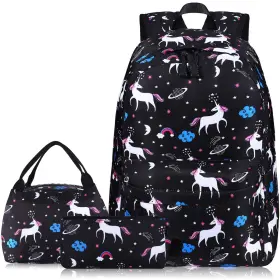 Best 426908272388 Black Kids Unicorn Backpack With Lunch Box And Pencil Case Set 4-6 6-8 For Girl