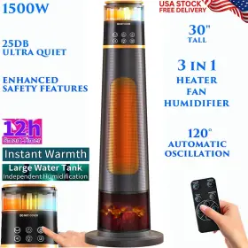 Tztr-bs-2302-30 Branded 30 Inch Oscillating Tower Space Heater Humidifier 3d Flame Quiet Remote Timer 1500w