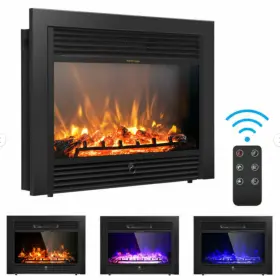 Hw51075 Costway Christmas 28.5 Inch Fireplace Electric Embedded Insert Heater Glass Log Flame Remote