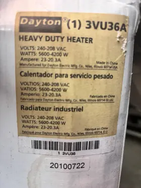 3vu36a Dayton Heavy Duty Heater 5600w/4200w 240 Vac