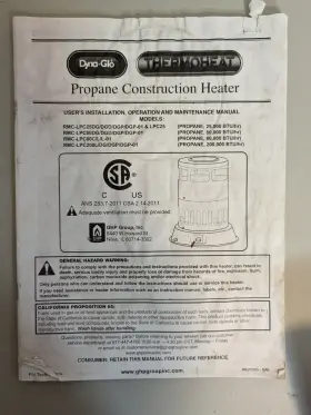 Rmc-lp25dg Dyna-glo Thermoheat Propane Construction Heater Installation Operations Manual