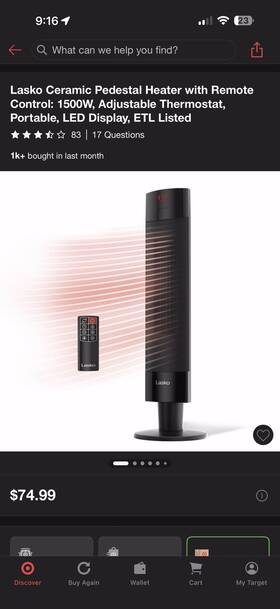 Lasko C28750 Ceramic Pedestal Heater 1500w Remote Control Oscillation Led Timer Black