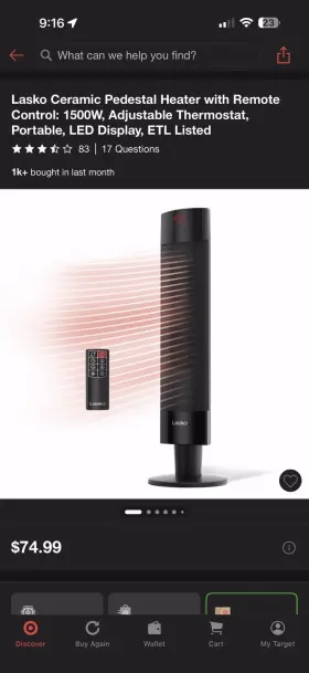 C28750 Lasko Ceramic Pedestal Heater 1500w Remote Control Oscillation Led Timer Black