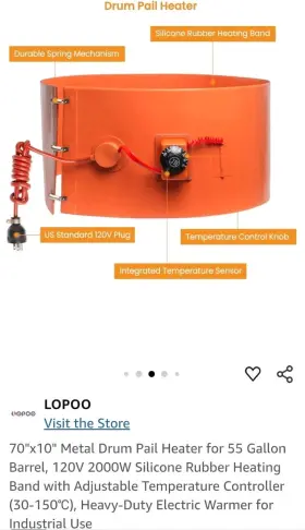 Lopoo 744759599735 Drum Pail Heater 55-gallon - Heat Pad Silicone Barrel Band Warmer 120v 30 150