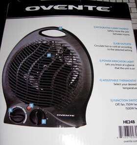 Ovente He24b Desk Fan Heater Carry Handle Adjustable Thermostat Power Indicator Light