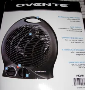 He24b Ovente Desk Fan Heater Carry Handle Adjustable Thermostat Power Indicator Light
