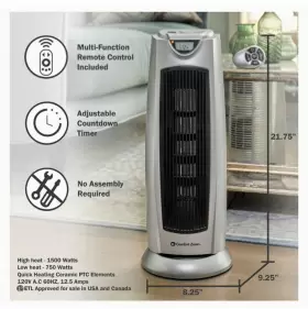 Cz499r World And Main Cranbury Llc Comfort Zone Electric Oscillating Ceramic Tower Space Heater Remote 1500w