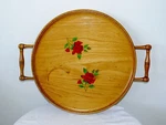 Vintage Mid Century Round Wooden Tray With Handles & Roses Birds Eye Maple Used. Price: $69.95.