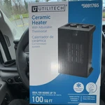 Utilitech Ceramic Heater 5691765 Adjustable Thermostat, Safety, 1500W, 100 Sq Ft New. Price: $49.00.