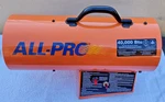 All-pro Portable Forced Air Propane Heater 40,000 Btu New, Unused In Box. Price: $117.99.