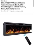 Electric Heater Furnace Black Wall Mount Fireplace 50 In. 5100 Btu New. Price: $349.99.